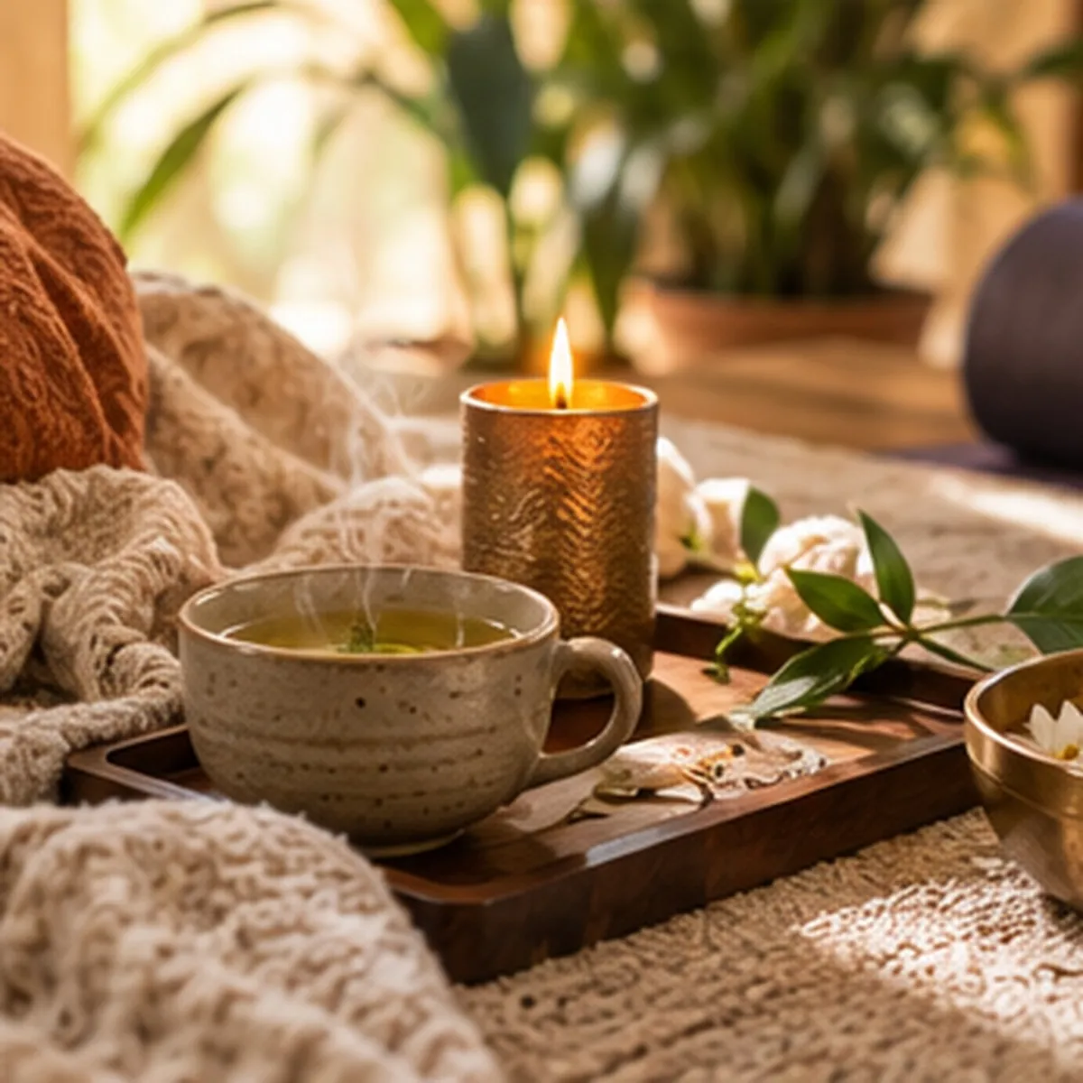 Taza de té y vela en un espacio de descanso